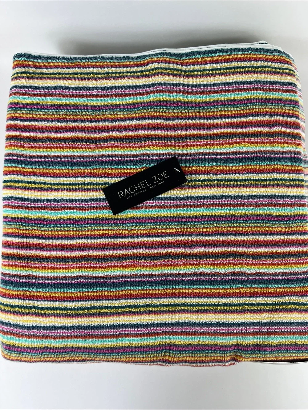 Rachel Zoe Rainbow Striped Bath Towel Set Red Blue Yellow 100% Cotton 2 Pc NEW